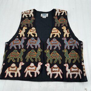 Soho Compagnie Vintage 80s 90s Embroidered Camel Vest Medium Made In India